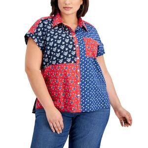 Style & Co Button Up Shirt Women’s 1X Cotton Red Blue Patchwork Ditsy Floral